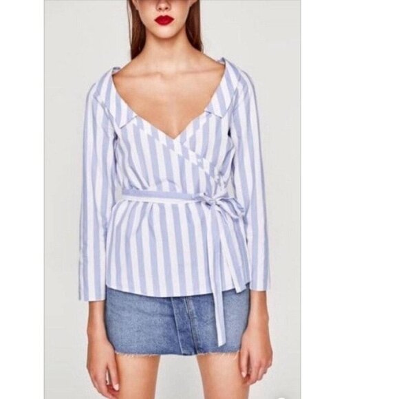 Zara Striped Wrap Blouse with Belt in Blue and White Size XS NEW WITHOUT TAG! - Picture 5 of 7
